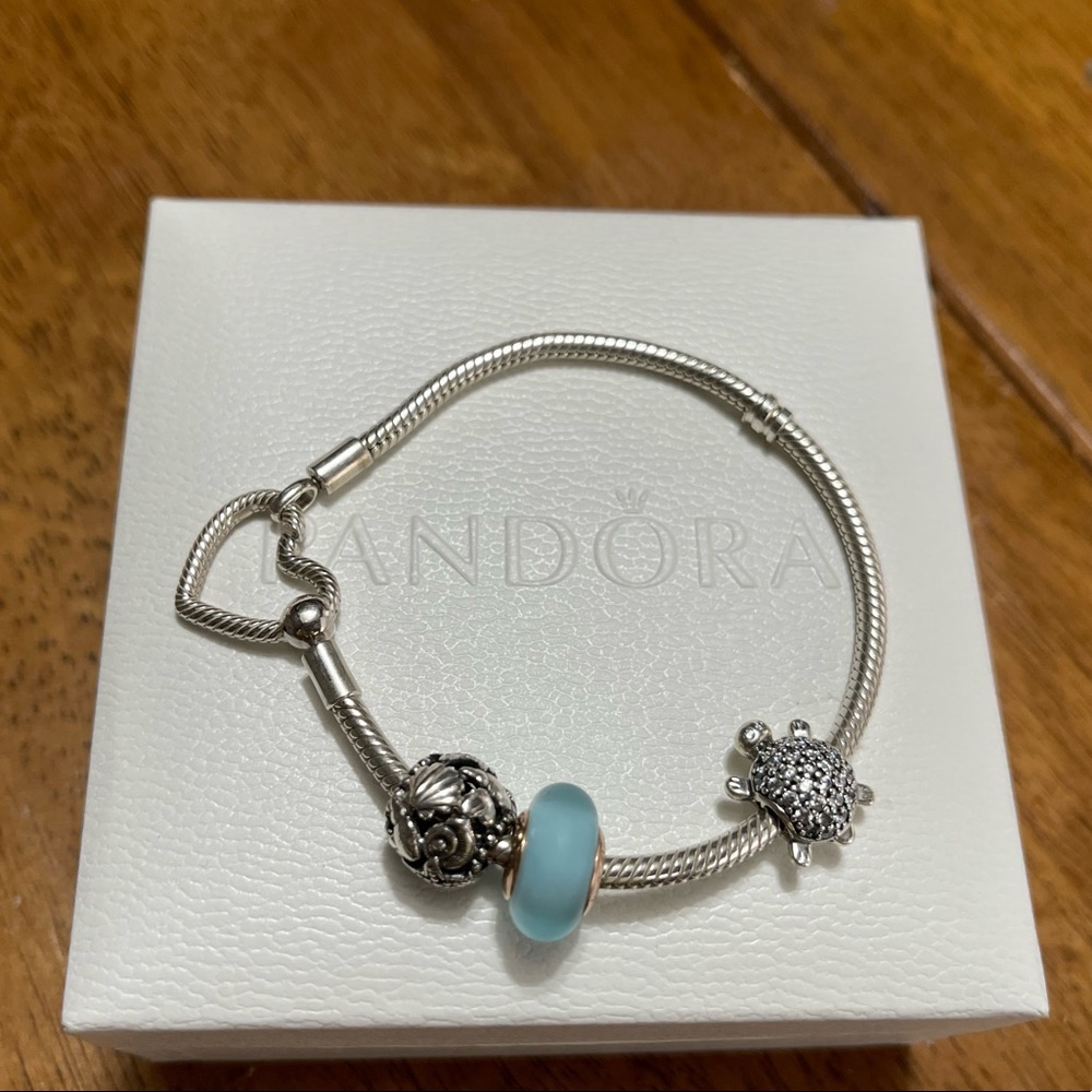 Pandora Snake Bracelet with 3 Beach Theme Charms EUC